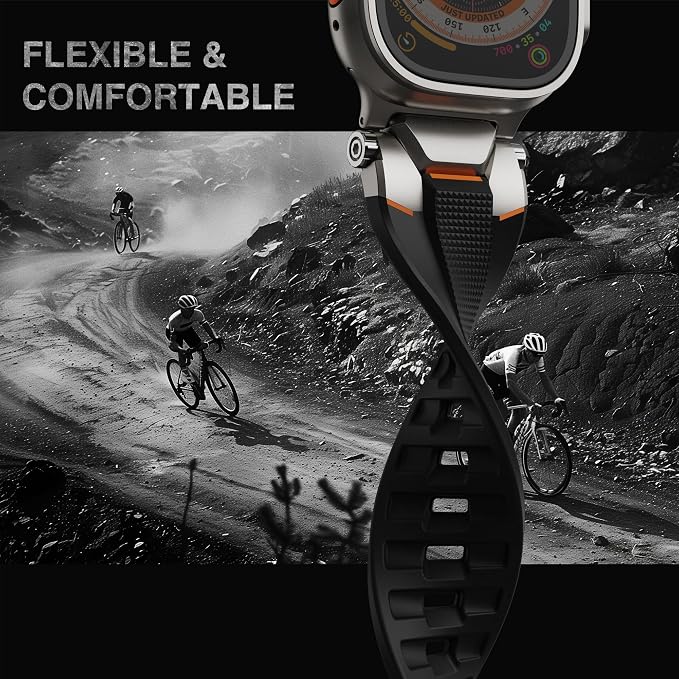 ULTIMAL Rugged Band for Apple Watch Ultra 3/2/1 49mm, Series 11/10/9/8/7/6/5/4 SE 46mm/45mm/44mm, Waterproof, Soft TPU Strap with Stainless Steel Buckle & Connectors, Sweat-Resistant, Easy to Clean, Fits 155-225mm Wrist (Titanium/Black)