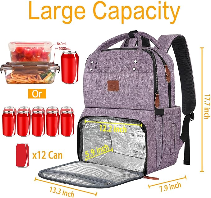 MATEIN Womens Backpack with Lunch Compartment, Fits 17 Inch Laptop Backpack, Water Resistant Cooler Backpack Tote Food Bag for Work College Travel Camping Picnic, (Purple)
