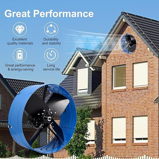 Attic Vent Fan with Adjustable Thermostat, 15" Gable Mount Ventilation Exhaust Fan 1600 CFM, 1050 RPM, 2400 SQ. FT. Attic Ventilator Blue for Gable, Shed, Home,Garages