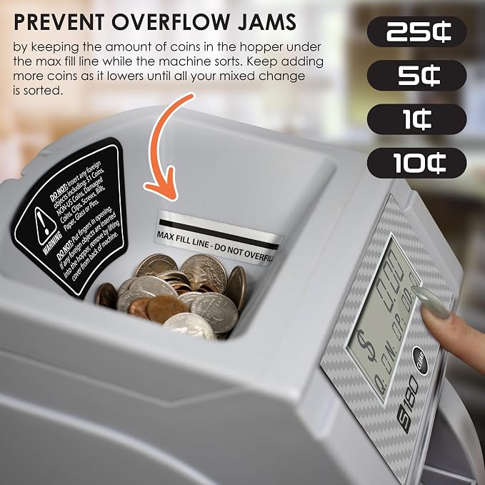 Nadex S180 Digital Coin Counter & Sorter – Counts and Wraps Coins Automatically, Stops When Rolls are Full, Carbon Fiber Finish.