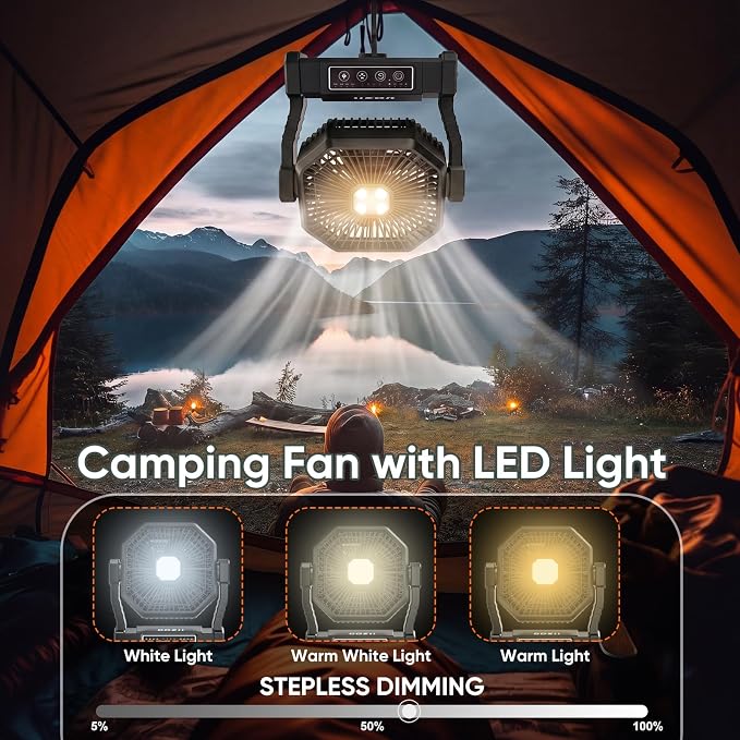 COZII Battery Operated Fan, 20000mAh Rechargeable Portable Fan with LED Lantern - 3 Colors, 4 Speeds, 4 Timing, Adjustable Head with Hook, Camping Fan for Table, BBQ, Beach, Hiking, Travel