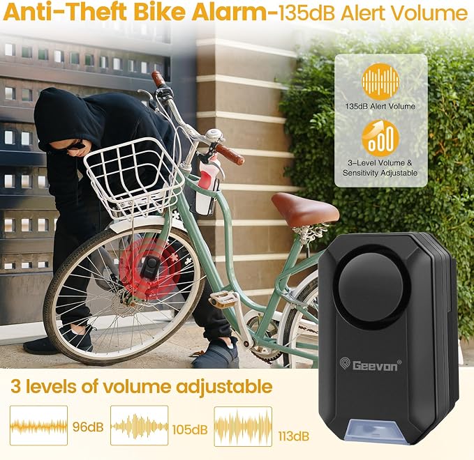 Geevon Bike Alarms for Ebikes, Wireless Bike Alarm with Remote, 135dB Anti-Theft Bicycle Motorcycle Alarm Wireless Security Sensor Alarms, IPX5 Waterproof (1)