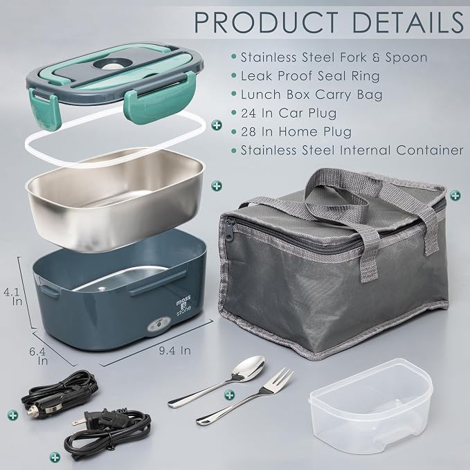 Moss & Stone Electric Lunch Box Food Heater for Adults Green & Gray Food Warmer Lunch Box, 12/24/110v Lunch Box Warmer Portable For Work/Car/Truck, Fork & Spoon & 1.5L Removable S.S Container