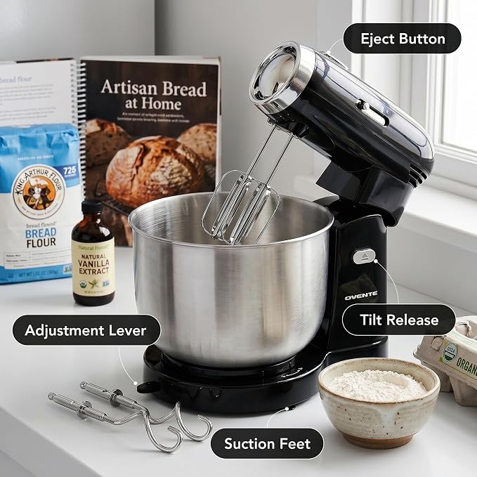 OVENTE Electric Stand Mixer with 3.5 Quarts Stainless Steel Mixing Bowl, 5 Speed Portable and Lightweight 250W Kitchen Mixer for Everyday Use, Includes 2 Egg Beater Whisk and Dough Hook Black SM680B