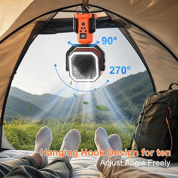Portable Rechargeable Fan with Stand,20000mAh Battery Powered Camping Fan with LED Lantern& Remote,Cordless,4 Speeds Wind,Timer for Travel Tent, Fishing,Rv Camping Essentials-Orange