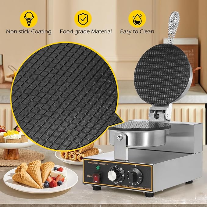 Dyna-Living Commercial Ice Cream Cone Machine Waffle Cone Maker 110V Electric Stainless Steel Egg Roll Mold Nonstick Waffle Cone and Bowl Maker for Home Restaurant Use 1200W