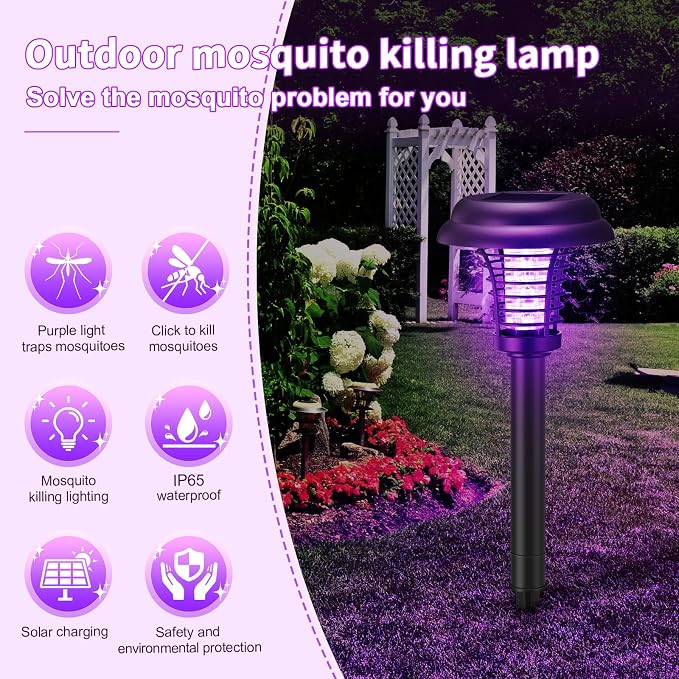 4 Pcs Solar Bug Zapper Outdoor Waterproof Mosquito Repellent Light Solar Power Fly Killer Lamps for Moths, Gnats, Fly, Small Flying Insect Backyard Garden Lawn (Plastic,Purple & Flame Light)