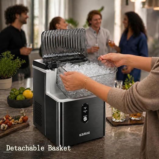 Kismile Nugget Ice Maker Countertop, Sonic Ice Maker with 35Lbs/24H, First Ice in 7 Mins, 1.2L Water Tank, Ice Basket Holds 2.2Lbs, Self-Cleaning Pebble Ice Machine for Home Kitchen Office Bar(Black)