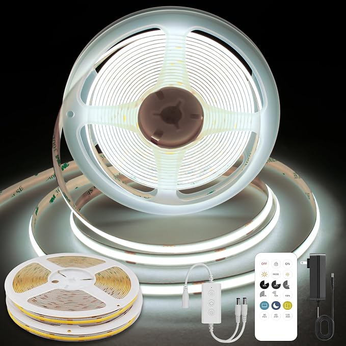 Pandery COB LED Strip Lights Cool White 6000K 32.8FT(2 * 5M) | 24V led Light Strip with Remote and app Control,8mm Wide Ra>90 Cuttable Strip Lights for Bedroom,Wardrobe,Cabinet