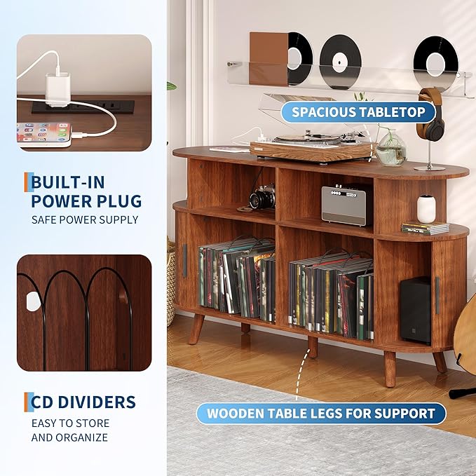 Garvee 55'' Fluted Mid Century Modern Turntable Cabinet with Vinyl Storage, Large Round Record Player Stand with Charging Station and Display Shelf, Arched Wood Record Player Table for Living Room