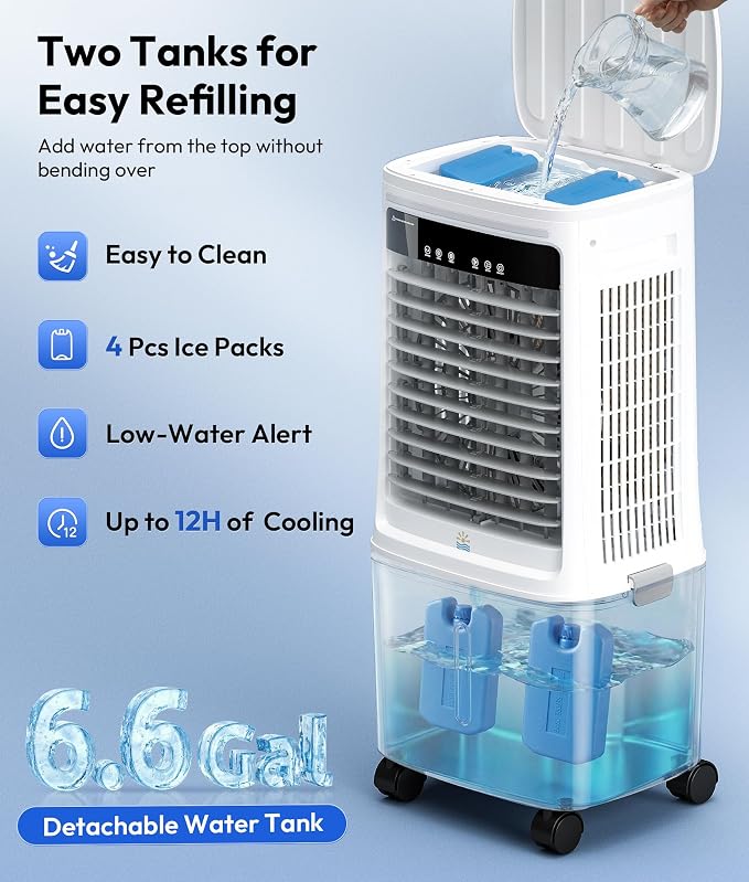 3-in-1 Portable Evaporative Air Cooler - 2000 CFM Swamp Cooler with Remote Control, 6.6-Gal Dual Tank, 4 Ice Packs, 12H Timer, 2 Modes 3 Speeds, Oscillating Cooling Fan for Large Room, Outdoor