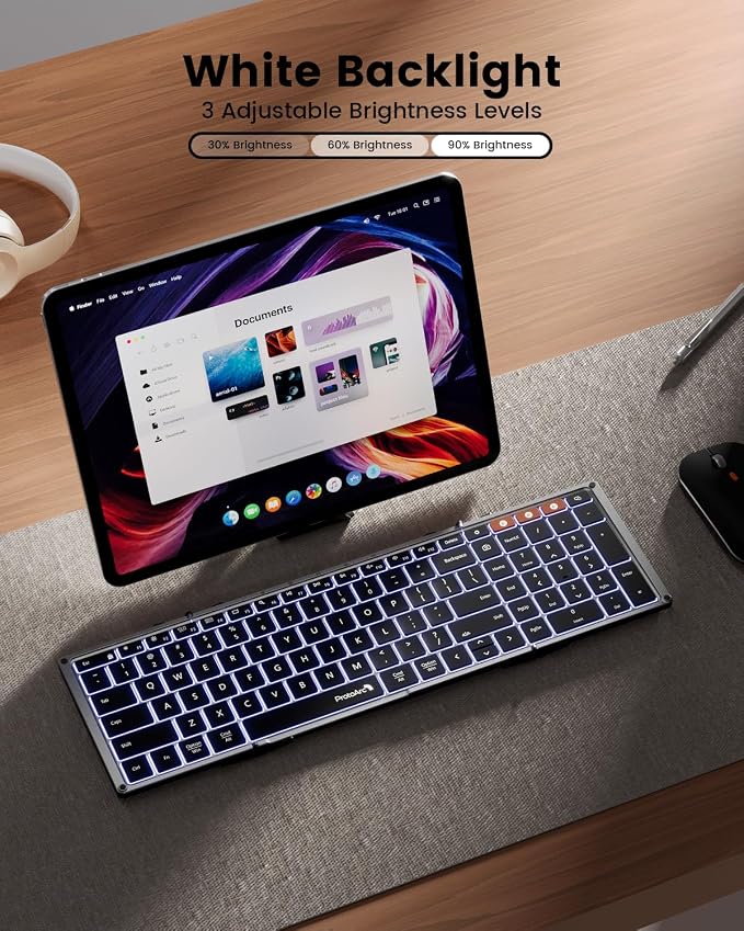 ProtoArc Backlit Foldable Keyboard, XK01 Plus Folding Portable Bluetooth Keyboard for Travel, True Full Size External Wireless Keyboards with Backlight for iPad Tablet Smartphone Laptop - Gray