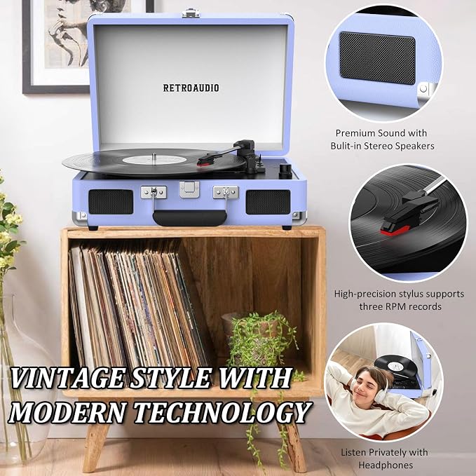 Vinyl Record Player 3 Speed Bluetooth Portable Suitcase Belt-Driven Record Player with 2 Built-in Stereo Speakers Vinyl Vintage Turntable Records Player with RCA Line Out, AUX Out (Purple)