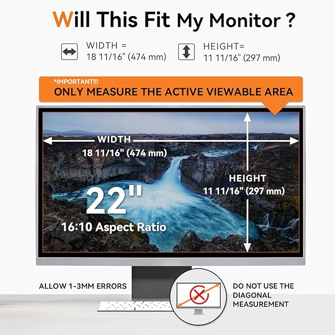 Mamol 22 Inch Computer Privacy Screen Filter for 16:10 Aspect Ratio Widescreen Monitor - Removable Anti Glare Blue Light Filter, Anti-Scratch Privacy Protector Film, Computer Screen Shield 22in