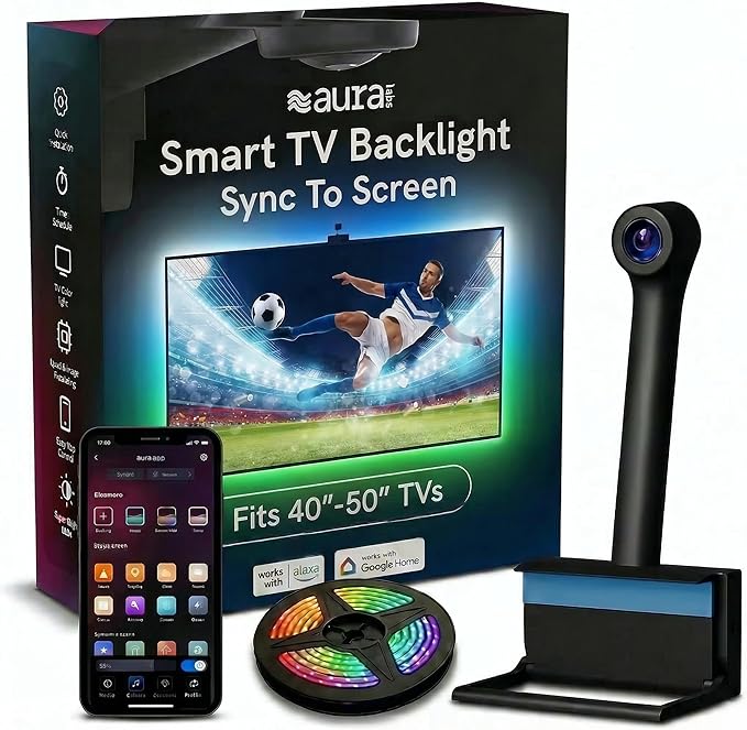 Aura Labs Smart TV Backlight Sync to Screen for 40-50 Inch TV - Camera-Based Color Match - Backlighting for TV - Voice and App Control - RGB LED Strip Light - LED Lights for TV