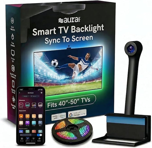 Aura Labs Smart TV Backlight Sync to Screen for 40-50 Inch TV - Camera-Based Color Match - Backlighting for TV - Voice and App Control - RGB LED Strip Light - LED Lights for TV