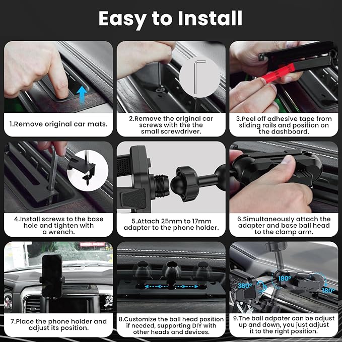 Kaishengyuan Metal Phone Mount for Ram Truck 2013-2018, Dash Mount Cell Phone Holder Compatible with RAM 1500/2500/3500 & 2019+ Classic, Metal Ball Adapter Phone Stand Arm Fit for Most Smartphones
