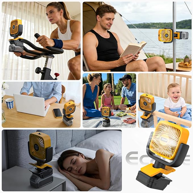 Ecarke 4" Clip Fan Compatible with Dewalt 20V Battery (Tool Only) 3-Speed Cordless Clip-On Fan with 360° Rotation Low Noise Portable Desk/Bed Fan for Camping Jobsite Tent Fishing