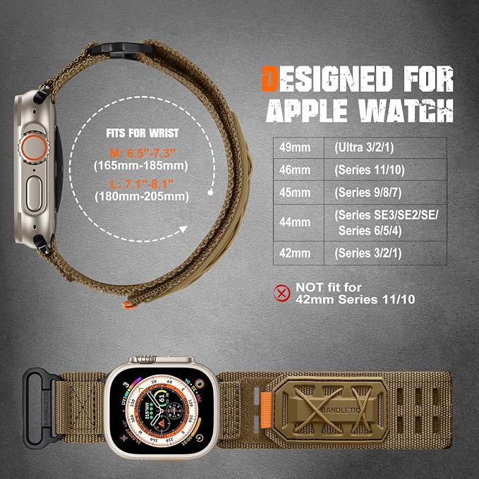 Bandletic Compatible with Apple Watch Ultra Band Men Women, Wide Tactical Military Nylon Rugged Soft Sport Strap for iWatch 49mm(Ultra 3/2/1),46mm(11/10),45mm(9/8/7),44mm(SE3/SE2/SE/6/5/4),42mm(3/2/1)