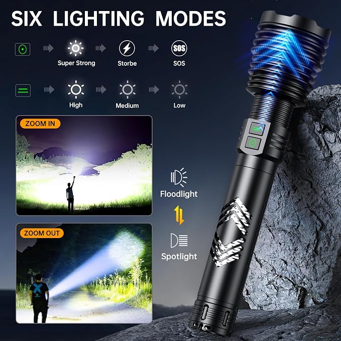 baibian Rechargeable Flashlights 600,000 High Lumens, Super Bright LED Flashlight with Long Handle, Large Capacity, Zoomable & 6 Modes, Waterproof Handheld Flashlight for Camping Emergencies Home