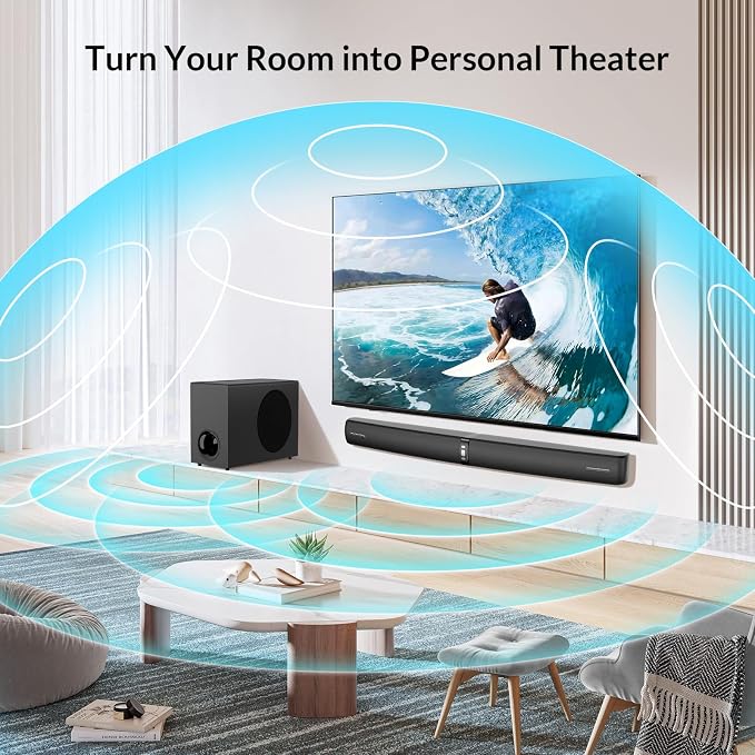 Sound Bar with Subwoofer, 110W Sound Bar for Smart TV with Adjustable Deep Bass & Volume Boost & 3 Equalizer Modes, Bluetooth/ARC/Opt/AUX, Detachable Soundbar for TV/PC/Gaming/Projectors