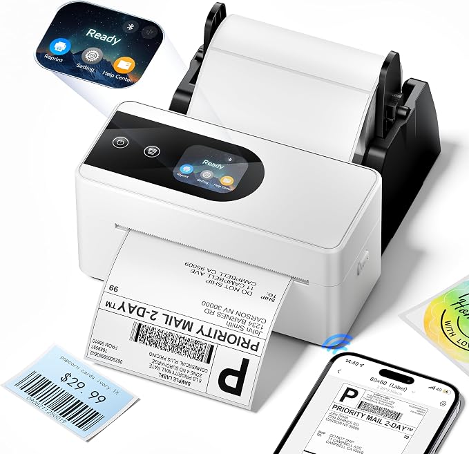 Phomemo 4x6 Shipping Label Printer with Touch Screen, Wireless Bluetooth Thermal Printer for Small Business & Packages, Compatible with Amazon Shopify UPS USPS, with 100 4X6 Thermal Labels