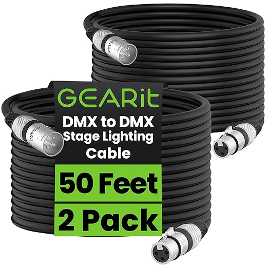 GEARit DMX Cable 50 ft 2-Pack, 3-Pin XLR Male to Female 110 Ohm XLR DMX Signal Cable for DJ Lights, Stage Lights, LED Moving Head Lights, Par Lights & Lighting Controllers