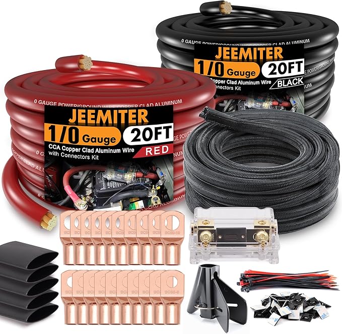 Jeemiter 1/0 Gauge CCA Wire Kit - Power/Ground Cable (40FT Black/Red),Battery Wire with 250A ANL Fuse,1/2 Inch Cable Split Sleeving,Lugs,Heat Shrink Tubing | for Car Audio Systems,Big 3 Upgrade