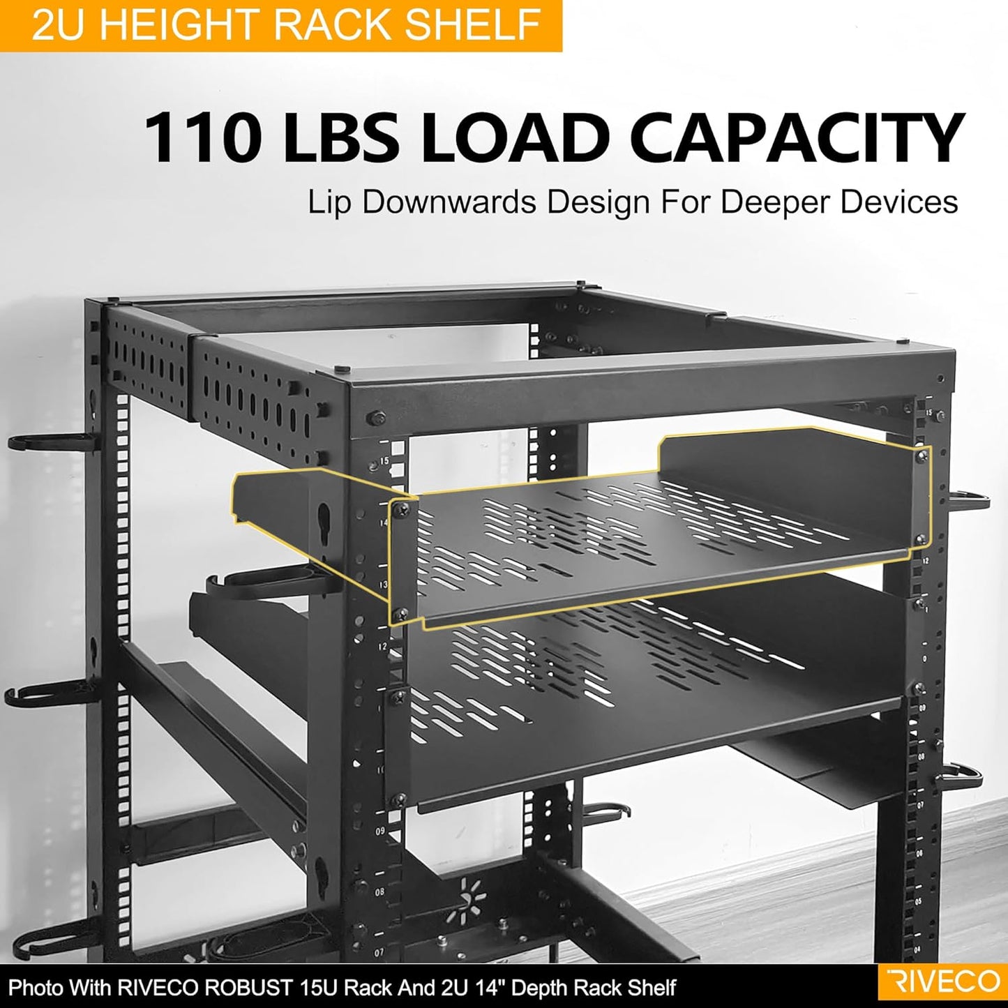 RIVECO 2 PCS 2U Rack Shelves 14 Inch Depth, Rack Mount Vented Cantilevers for Server 19" Server Racks & Network Cabinets Black