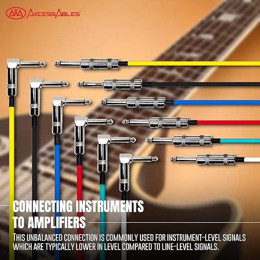AxcessAbles 1/4" Right Angle Amp Cords for Bass & Electric Guitar - Premium OFC Copper Wire | 20ft Right Angle to 1/4 Inch TS Straight Instrument Cable Pack| Multi-Color Amp Cables (20ft, 6 Pack)