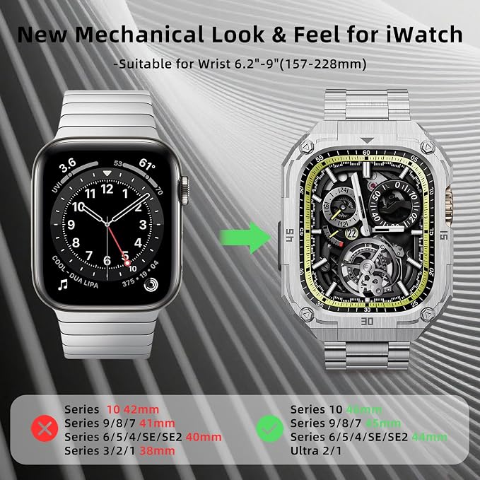 Business Stainless Steel Band/Case Compatiable for 45mm Apple Watch Band for Men,Metal Apple Watch Bumper Case with Strap for iWatch Band Series 9 8 7,Silver