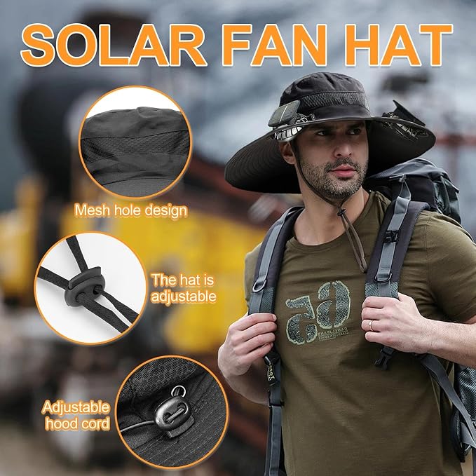 Solar Fan Hat for Men - Wide Brim Cooling Hat with 2 Built-in Solar & USB Rechargeable Fans for Fishing Hiking