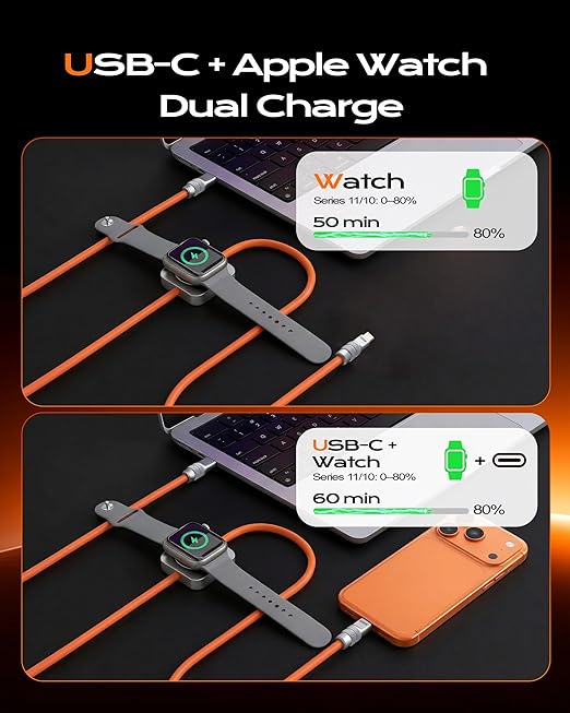 chubbycable Solo-Flex 2-in-1 USB-C Cable with Apple Watch Charger, Built-in 5W Magnetic Charger for Apple Watch, 100W Fast Charging, 4FT Thick Silicone Cable, Orange