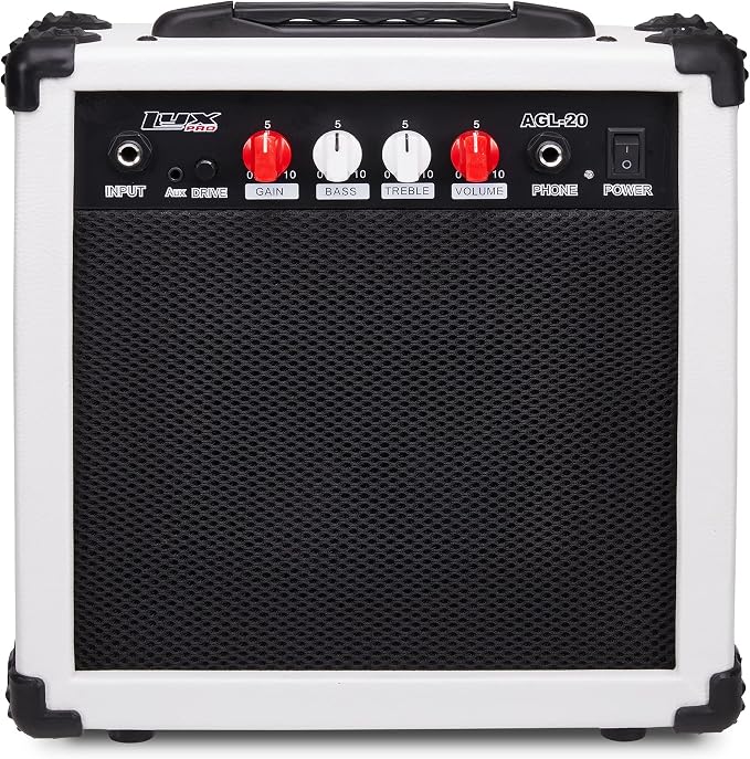 LyxPro Electric Guitar Amp 20 Watt Amplifier Built in Speaker Headphone Jack and Aux Input Includes Gain Bass Treble Volume and Grind - White