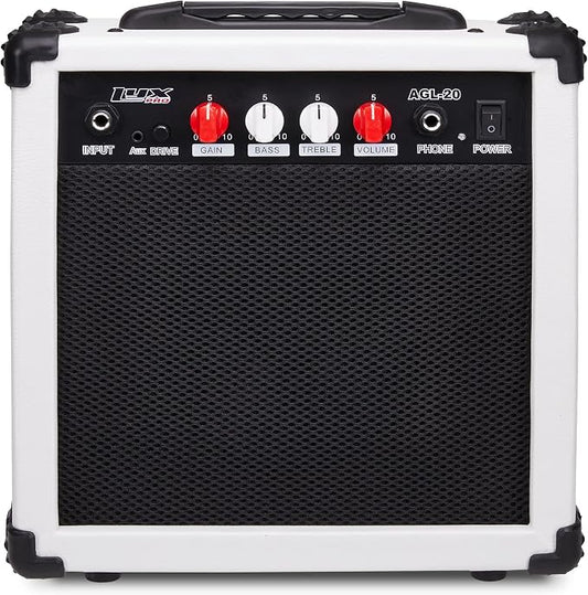 LyxPro Electric Guitar Amp 20 Watt Amplifier Built in Speaker Headphone Jack and Aux Input Includes Gain Bass Treble Volume and Grind - White