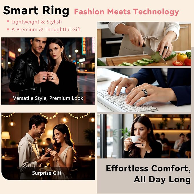 Smart Ring for Women & Men, Health & Fitness Tracker with Heart Rate/Sleep Monitoring/Blood Pressure, 5ATM Waterproof,Activity Trackers with Free App,Stylish Fitness Ring Birthday Gift(Size 8, Black)