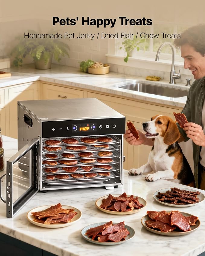 VEVOR Food Dehydrator Machine, 6 Stainless Steel Trays, 400W Electric Food Dryer with Adjustable Temperature & 24-Hour Timer, Food Dryer for Jerky, Meat, Fruit, Vegetables, Herbs, Dog Treats