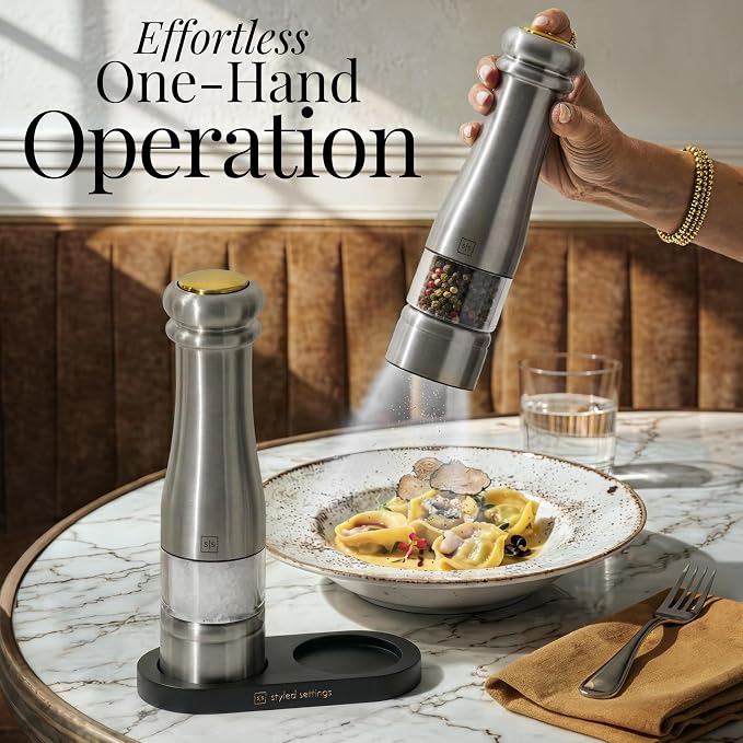 Electric Salt and Pepper Grinder Set - Styled Settings Stainless Steel Salt and Pepper Grinder Set with LED Light, Adjustable Coarseness, Battery Operated, Wood Base