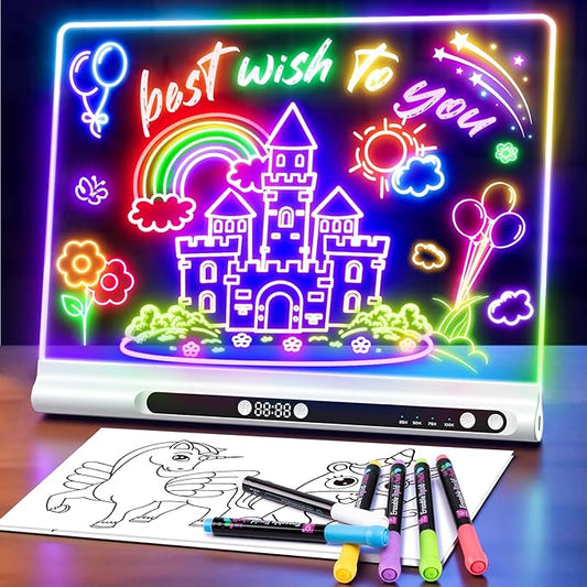 16“ Rechargeable LED Drawing Board, 9-Color Light Modes with Timer & Built-in Stand, Neon Art Dry Erase Glow Up Doodle Note Pad, Sketching Gift Toy for Kids/Girls/Teens, 6 Markers & Tracing Book