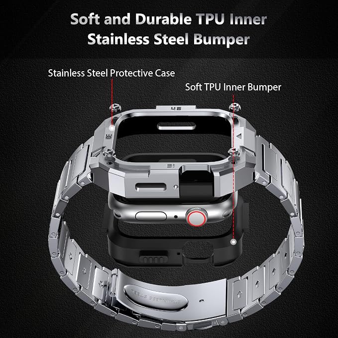 Mechanical Metal Watch Case with Band Compatible with Apple Watch Series 11/10 46mm Band,Rugged Military Stainless Steel Protective Bumper Cover,Tough Business iwatch Band Strap for Men,Silver