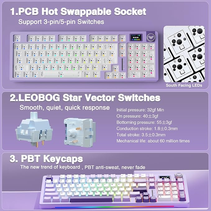 AULA S98 Pro Wireless Mechanical Keyboard with Screen & Knob, Tri-Mode Creamy Keyboard with Number Pad, Pre-lubed Linear Switches, Hot Swappable RGB Backlit Computer Gaming Keyboards for PC/Laptop