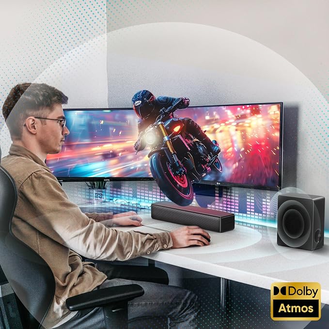 GEOYEAO Sound bar with subwoofer, 200W 2.1 ch soundbar w/Dolby Atmos Surround Sound System, 3D Bass Adjustable Home Theater Bluetooth TV Speaker for Smart TV/Projector/PC