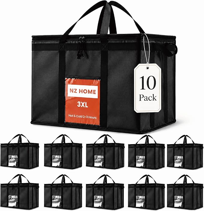 NZ home Insulated Bags for Food Delivery (3XL) Grocery Shopping Cooler Bag, Pizza Delivery, Hot & Cold Catering Tote, Reusable, Foldable & Heavy Duty (10 Pack, Black)