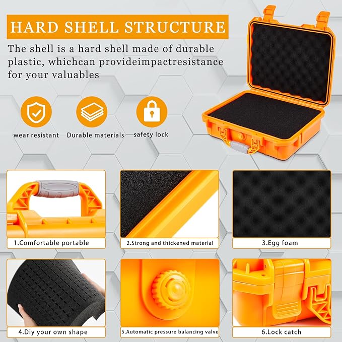 Relaxweex 1 Pcs Waterproof Hard Case with DIY Customizable Foam Insert Portable Protective Case with Knife for Camera Drones Equipments Tools Test Instruments(Orange,8.5 x 6.5 x 3.7 Inch)