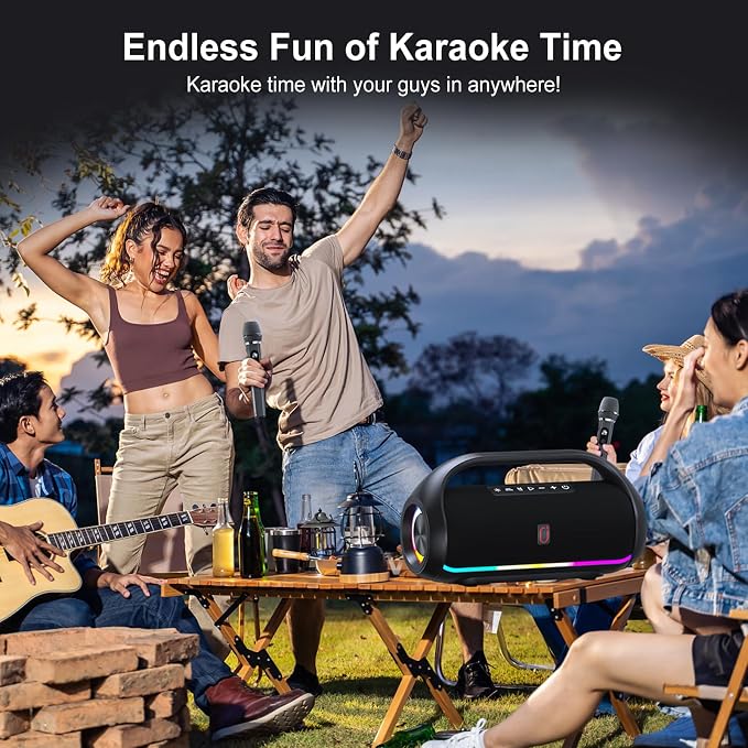 HWWR Portable Bluetooth Speaker with 2 Wireless Microphones, Loud Portable Speakers System, Deep Bass, Echo & Vocal Cut, IPX5 Water Resistant Outdoor Party PA Audio for Adults Kids Home Singing