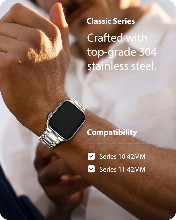 Fullmosa Bands Compatible with Apple Watch Band 42mm Series 11 10, Stainless Steel iWatch Band with Case for Apple Watch, Silver and Gold