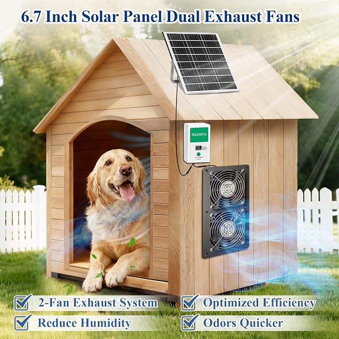 Solar Exhaust Fan, 25W Solar Panel and Solar Powered 2-Fan with 7500mAh Battery, IP68 Waterproof, for Chicken Coop, Shed, Greenhouse, Dog House, 2 Pcs Ventilation Vent Fan, with Bracket for Shed