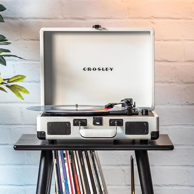 Crosley CR8005DP-WF Cruiser Plus Vintage 3-Speed Bluetooth in/Out Suitcase Vinyl Record Player Turntable, White Farmhouse
