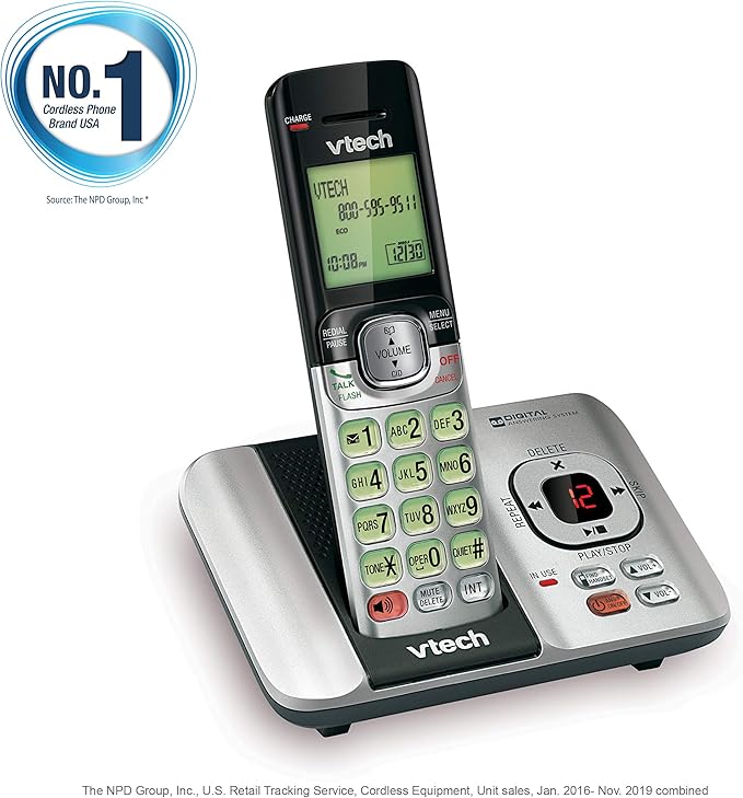 VTech CS6529 1-Handset Cordless Phone with Answering Machine, Caller ID/Call Waiting, DECT 6.0, Handset Speakerphone, Silver/Black