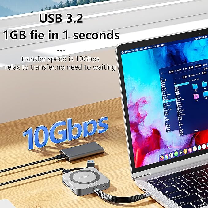 Magnetic USB C Hub 8 in 1 & Type-C Docking Station M.2 NVMe 2230 SSD Enclosure, 4K@60Hz HDMI 10Gbps USB-A/USB-C 3.2 SD/TF 3.0 Card Solt AUX 100W PD for iPhone 15 16 MacBook Pro Air Laptop